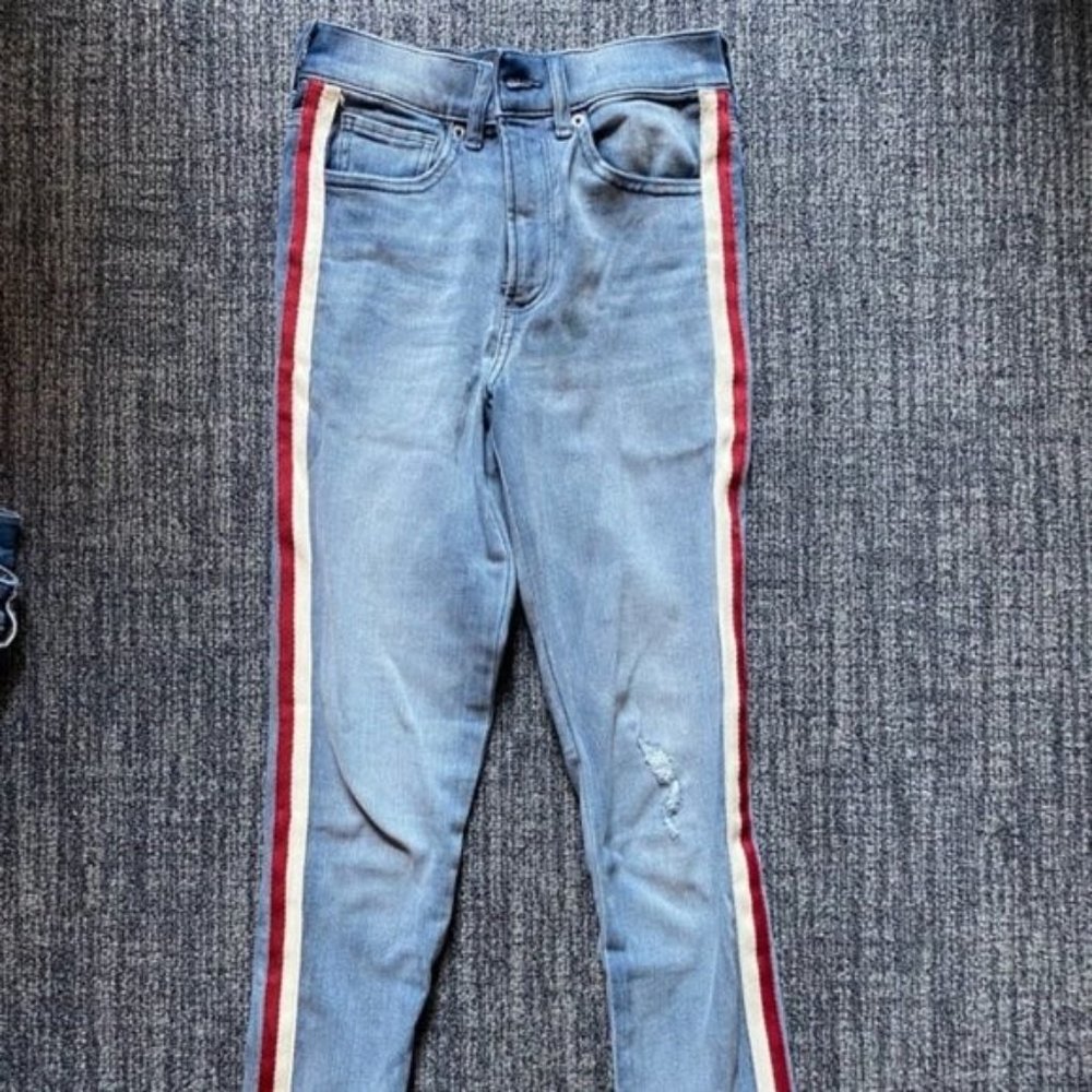 Express High Waisted Red & White Side Stripe Skinny Ankle Blue Jeans - Picture 3 of 5